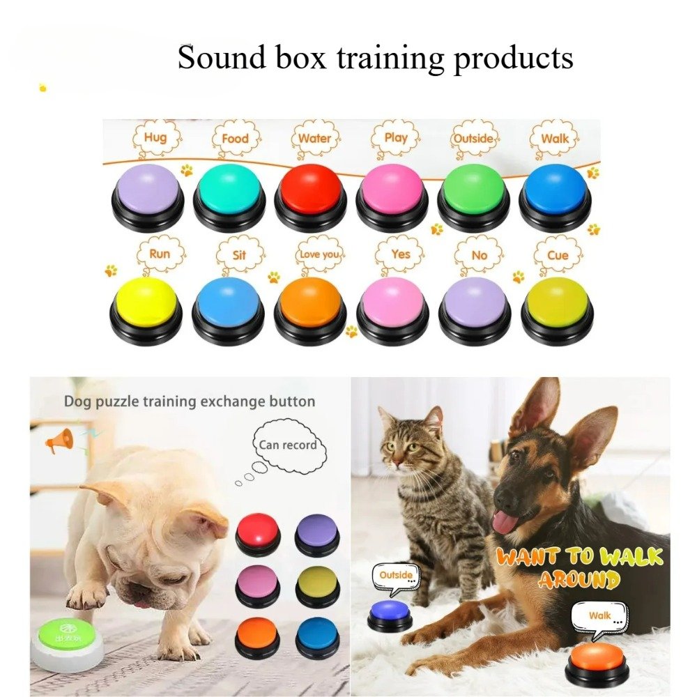 Dog using recordable communication buttons, a brilliant interactive enrichment toy for training.