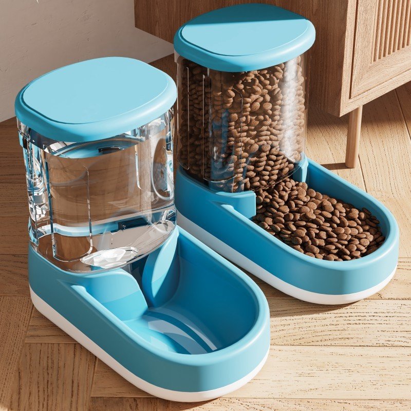 Portable dog water bottle with food container for summer walks.