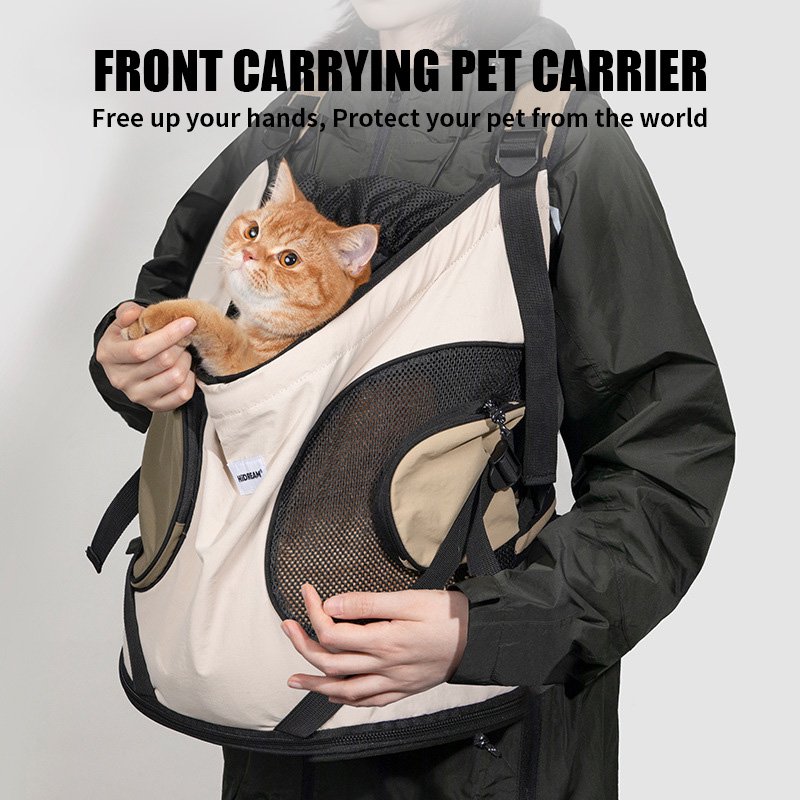Close up of a comfortable front-facing pet chest backpack for outdoor travel.