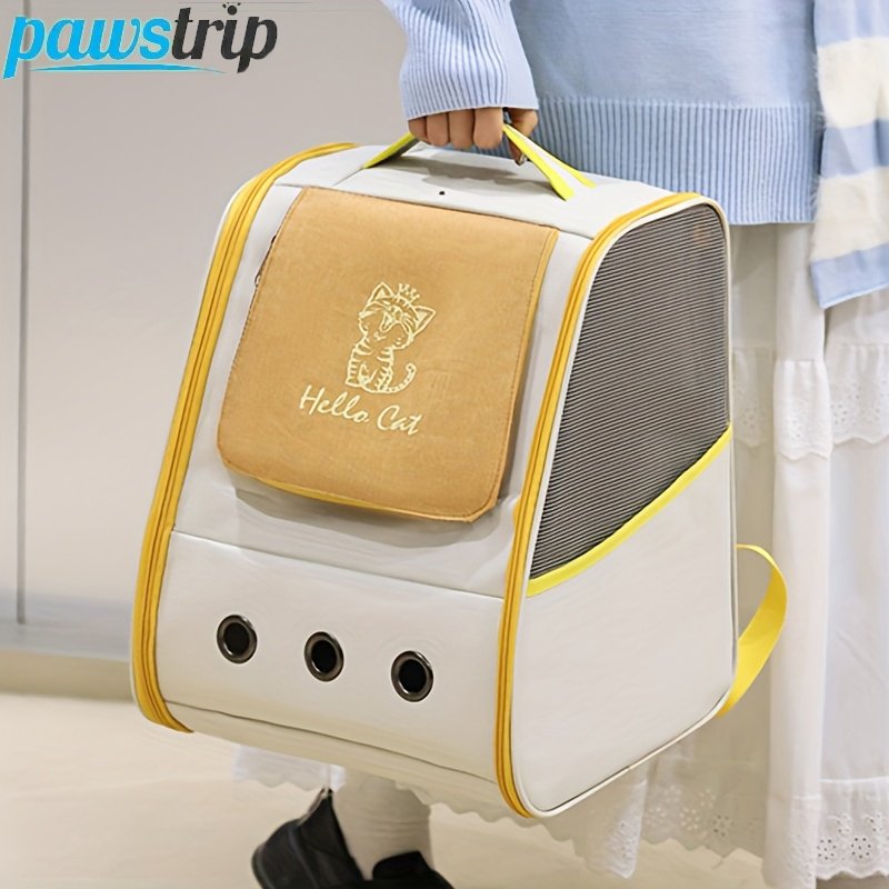 Foldable pet backpack carrier keeping a dog secure while travelling with pets.
