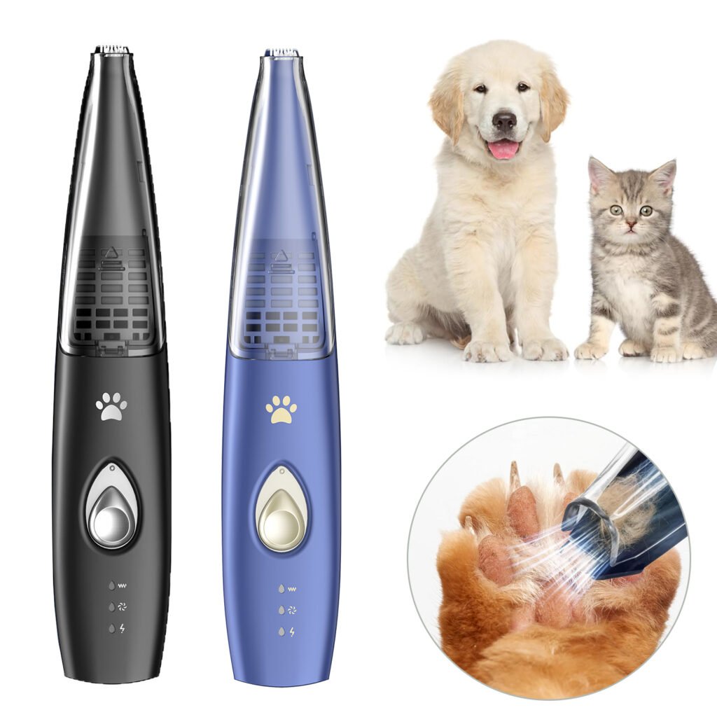 Cordless paw trimmer being used on a dog's foot pads.
