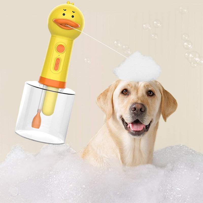 Yellow duck automatic foam dispenser for easier bathing and pet grooming tips.