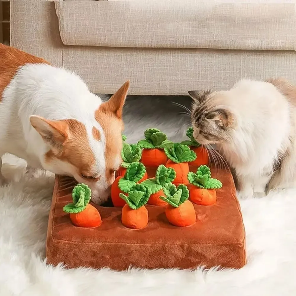 Interactive carrot snuffle mat for dogs, an excellent pet enrichment toy for mental stimulation.