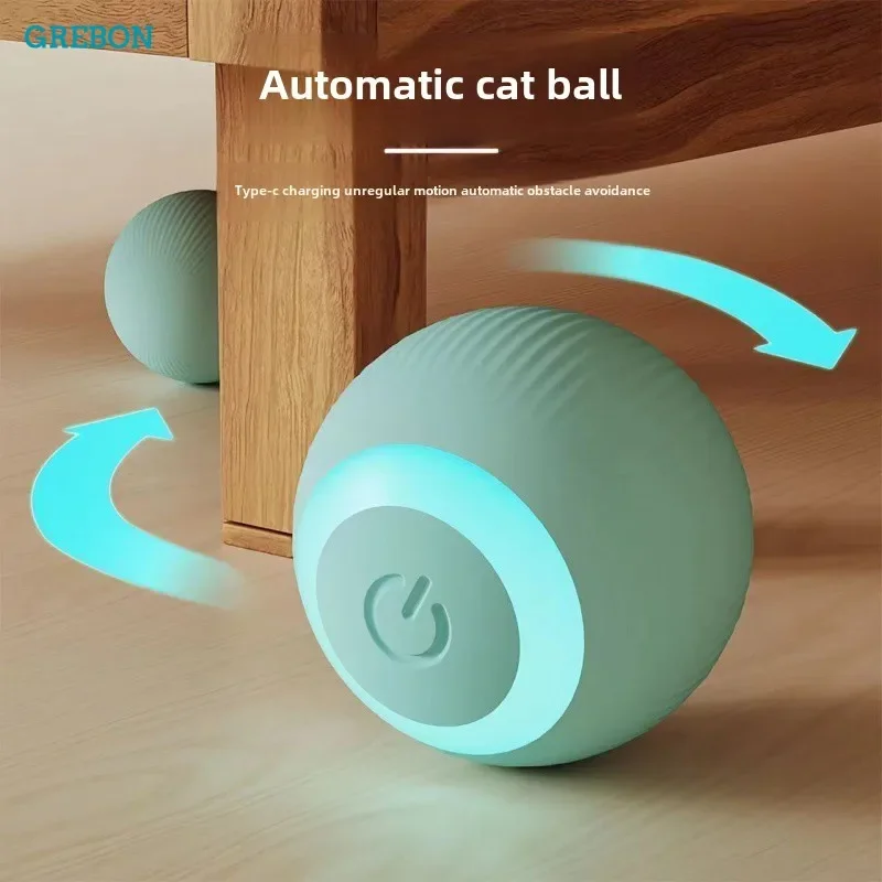 Interactive smart self-rolling electric teaser toy running across a living room rug.