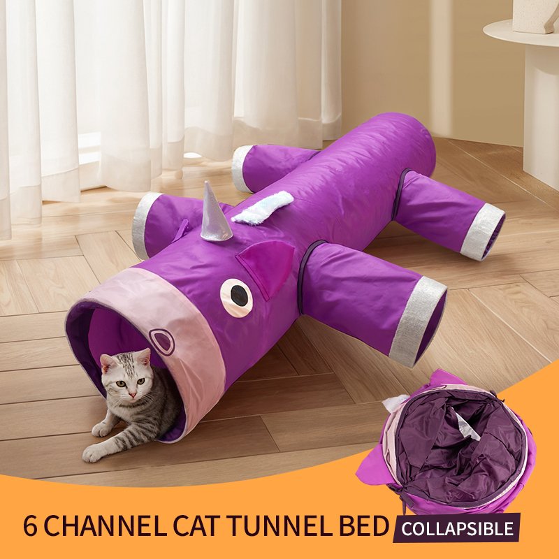  Large foldable unicorn cat tunnel with six entrances, perfect for active cats in the UK.