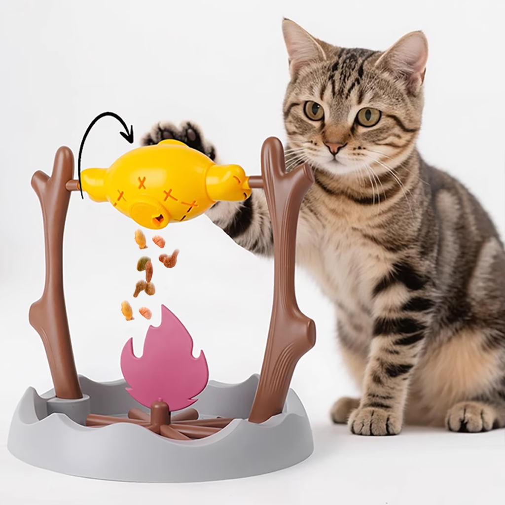 Outdoor BBQ rolling cat treat dispenser, a clever interactive puzzle feeder for indoor pet play.