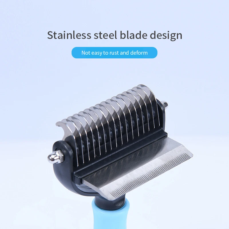Two-sided pet grooming tools for effective dog coat demitting.