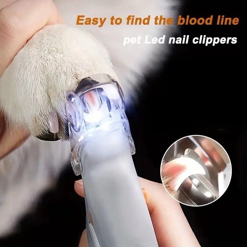 Close up of using LED pet nail clippers for a stress-free trim.