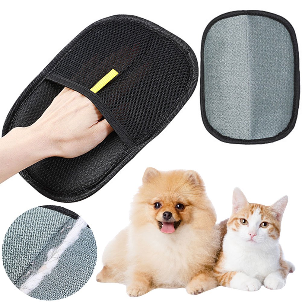 A person using pet hair removal gloves UK on a golden retriever