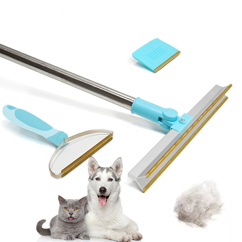 Metal rug rake removing pet hair from carpets to support our pet grooming tips.
