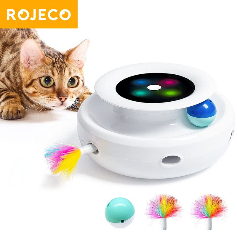 Automatic feather toy providing mental stimulation, pet play and enrichment for cats.