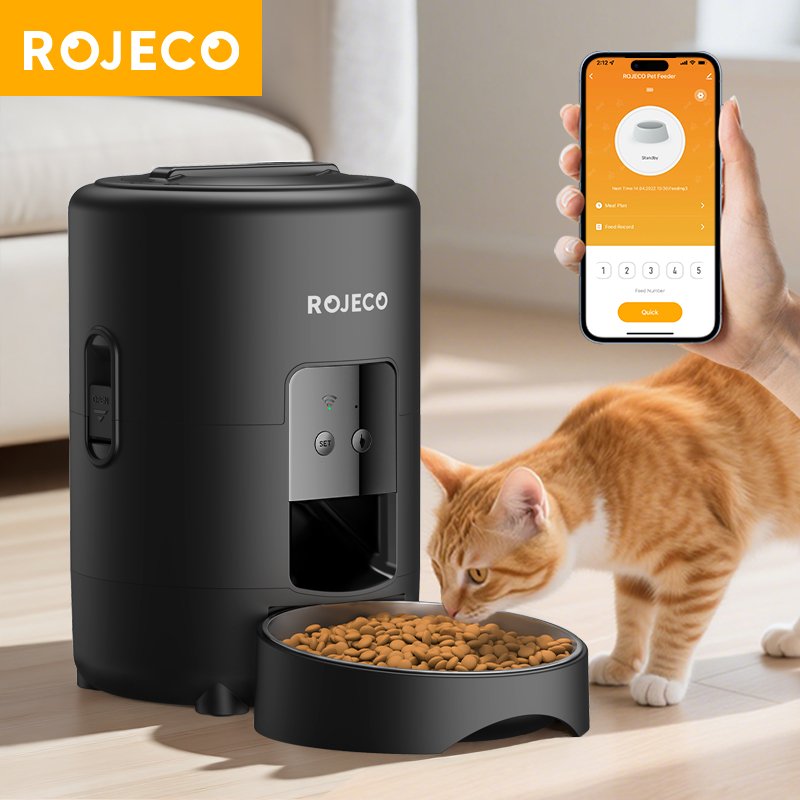 Smart WiFi 5L pet feeder with HD camera for remote monitoring and pet safety.