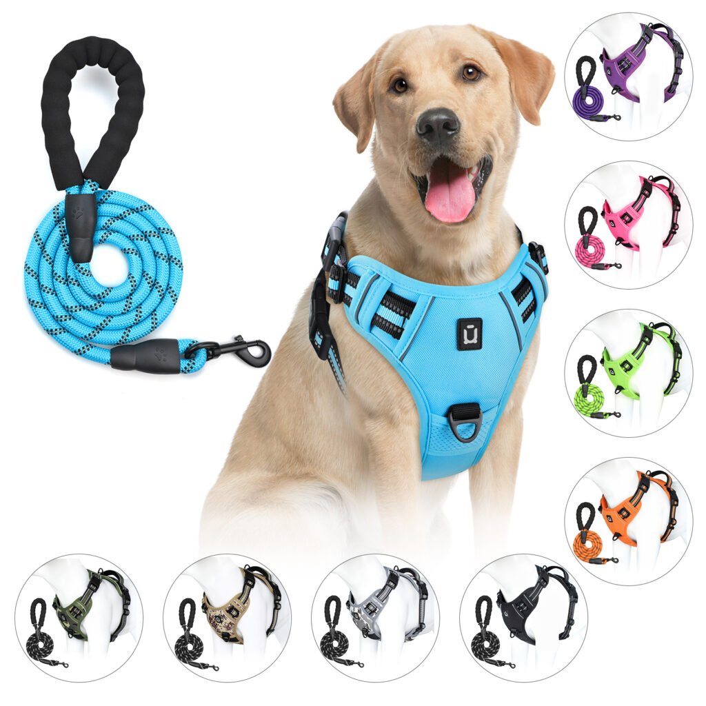 Reflective no-pull dog harness designed for stress-free walking and pet comfort.
