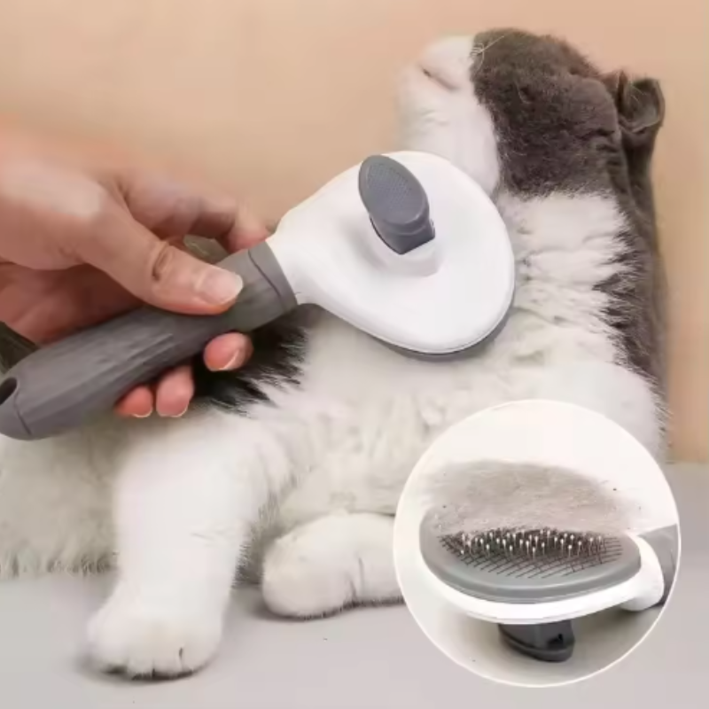 A dog grooming brush that cleans itself after removing loose fur.