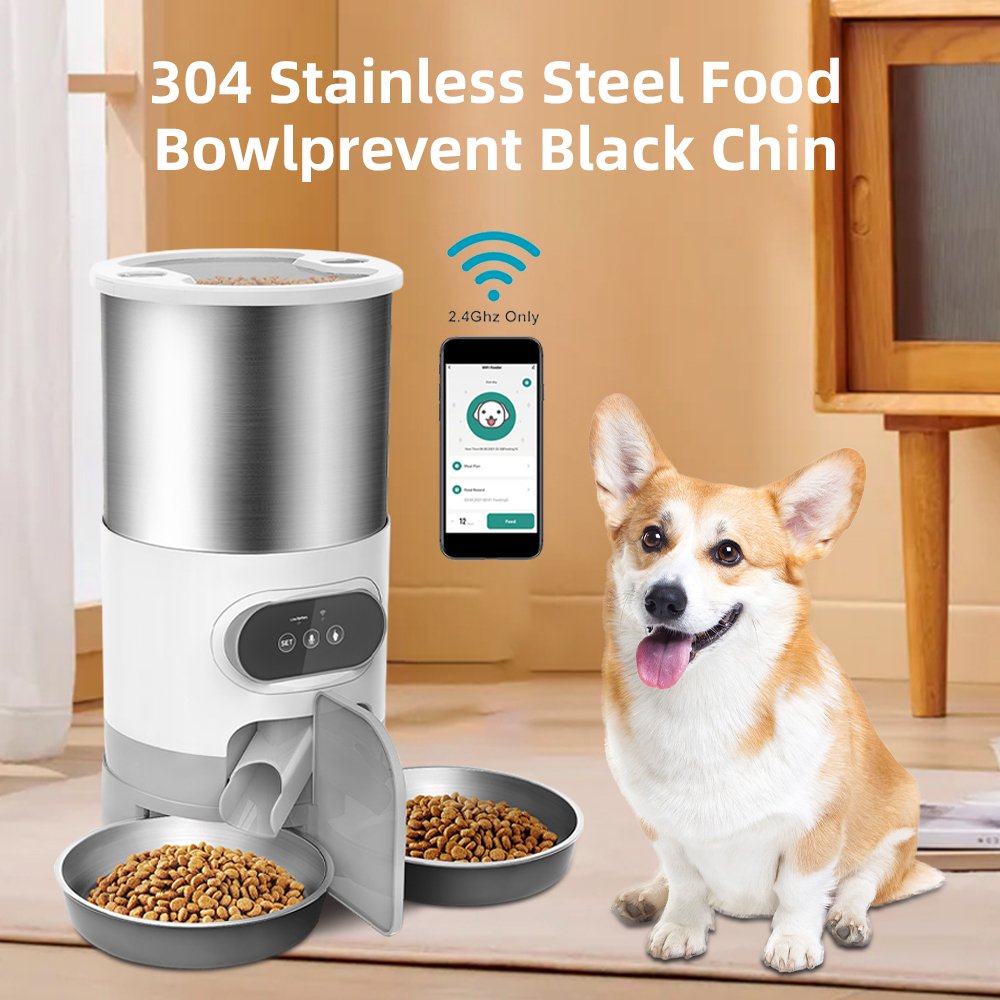 Smart app automatic pet feeder with voice recording for UK homes.