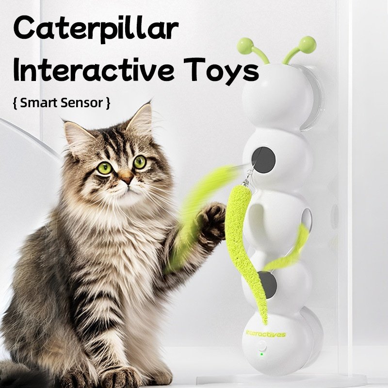 Green smart electric caterpillar toy moving on the floor to provide cat boredom relief.