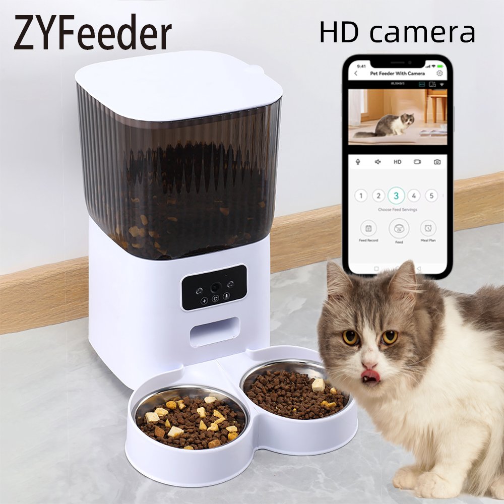  A pet owner using a smartphone app to schedule meals on a smart automatic feeder.