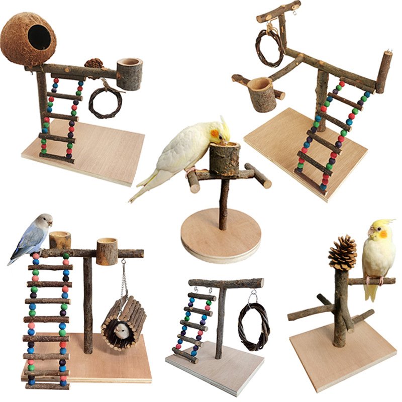 Wooden parrot playground desk stand for bird enrichment and brain games.
