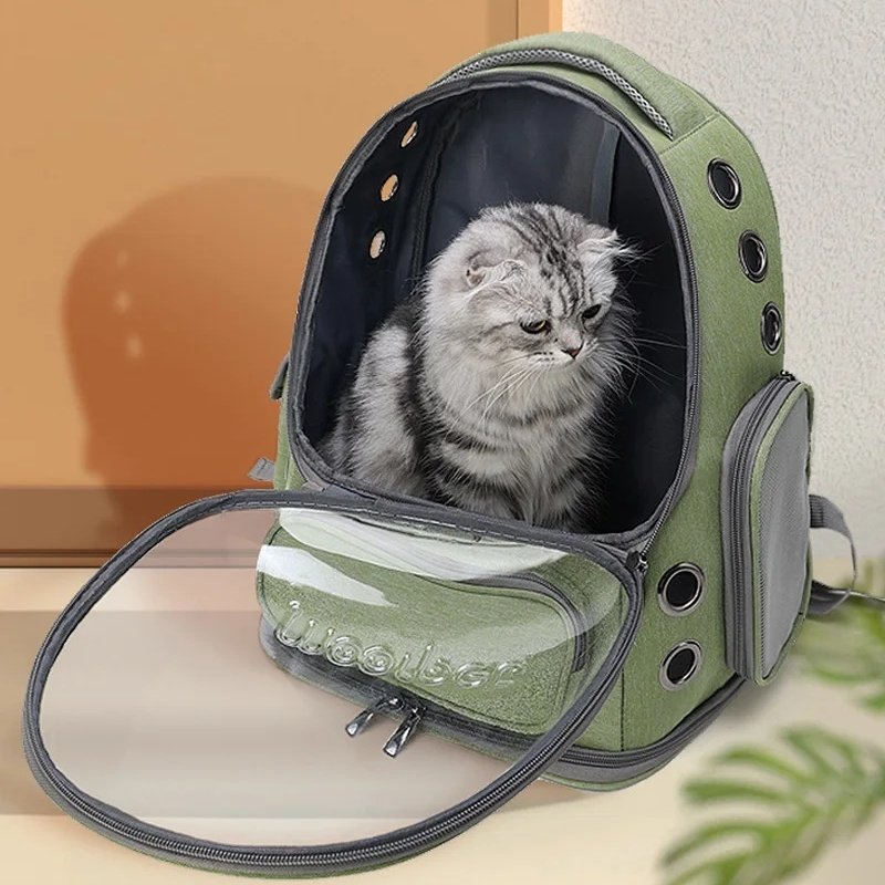 Person wearing a grey cat backpack while walking down a British high street.