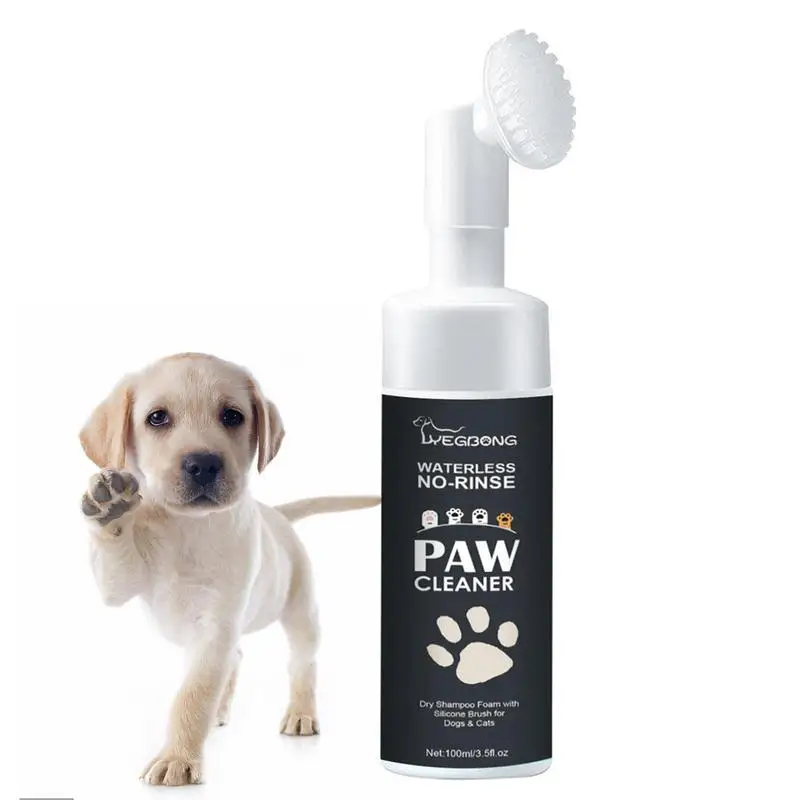 Using waterless foam for cleaning dog paws without a bath.