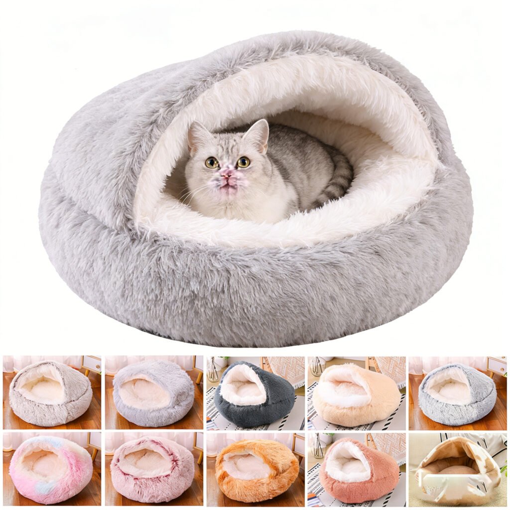Winter plush 2-in-1 cat sleeping bag to help pets feel safe and secure.