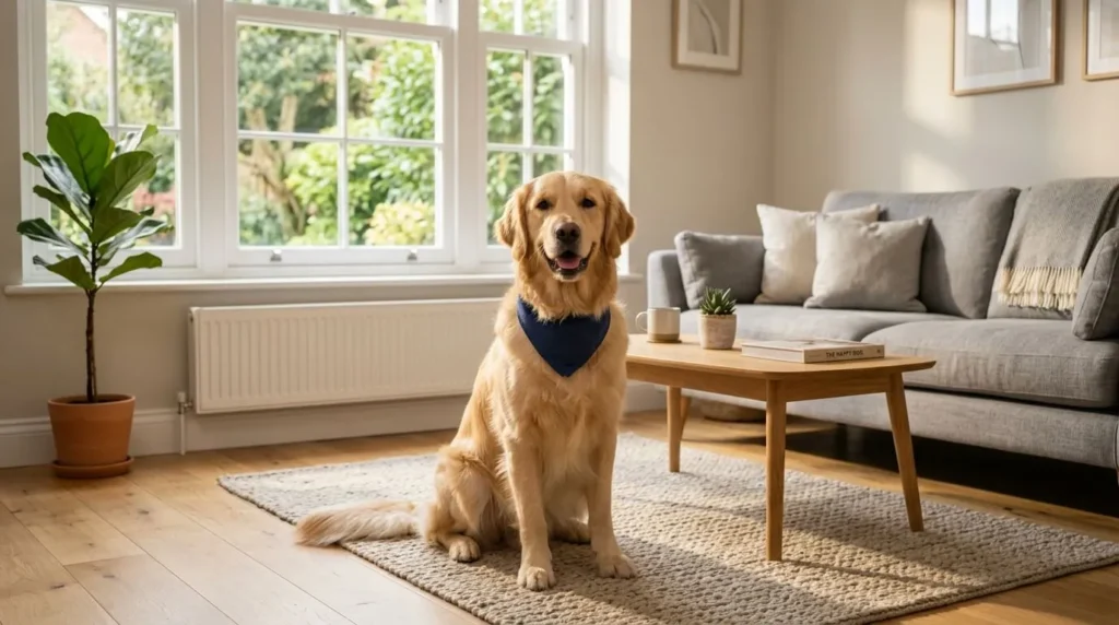 A happy dog enjoying at-home dog grooming in a cozy home.