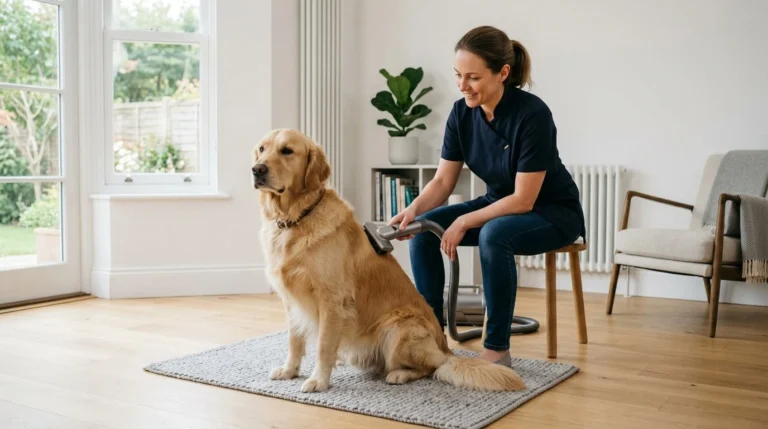 A calm dog being groomed at home using professional tools in a clean UK living room.