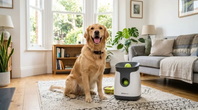 A happy dog waiting for a ball to be launched from an automatic dog ball launcher in a modern home.