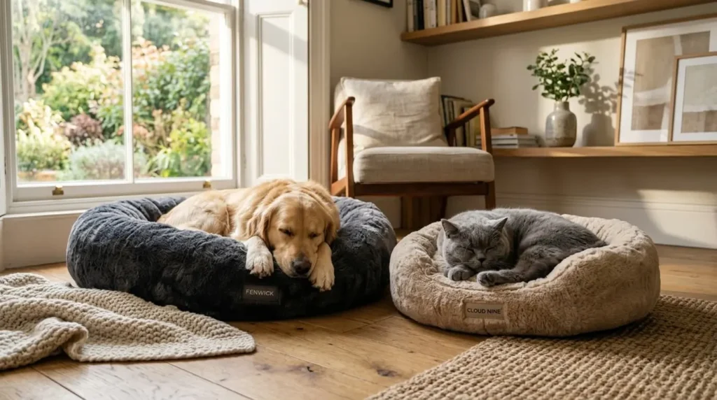 A dog sleeping in one of the best calming pet beds UK pets love.
