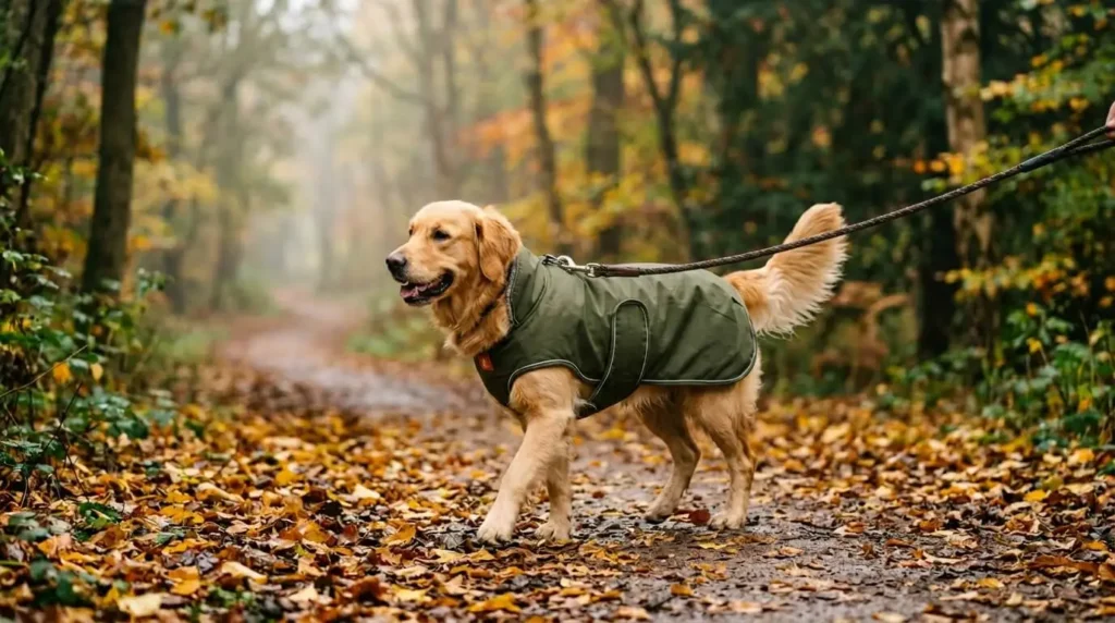 A dog wearing a waterproof winter dog coat walking through a British park.