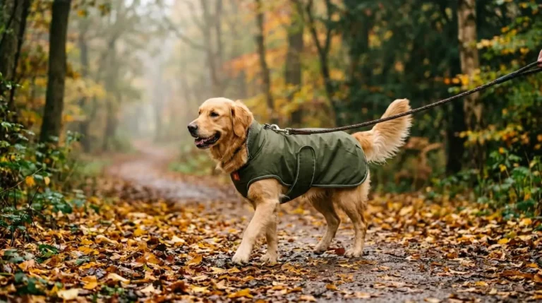 A dog wearing a waterproof winter jacket walking through a British park in autumn.