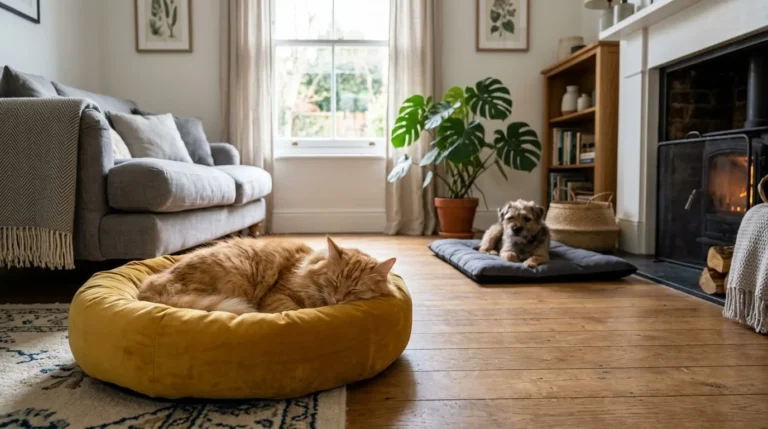 A peaceful cat sleeping in a plush yellow bed in a bright UK living room.
