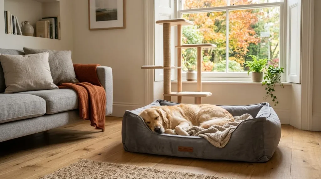 A serene living room setup showing how to create a calm home for pets.