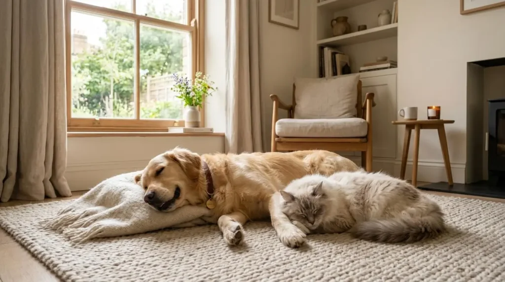 A relaxed dog and cat sitting together in a calm pet environment UK home.