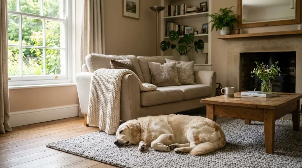 A relaxed dog resting in a cozy UK home, showcasing the benefits of calming pet products.