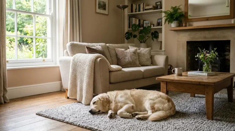 A relaxed dog resting at home with calming pet products UK.