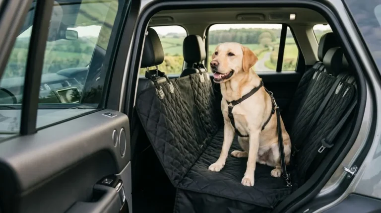 A happy dog sitting on one of the most durable dog seat covers UK pet owners recommend.