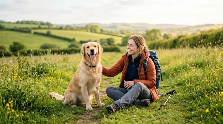 Happy dog and owner enjoying an outdoor hike in the UK countryside.