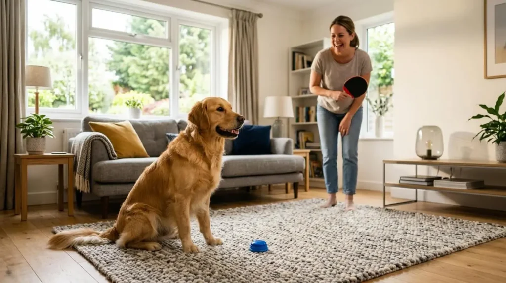 A cozy UK living room featuring interactive enrichment toys for pets and people.