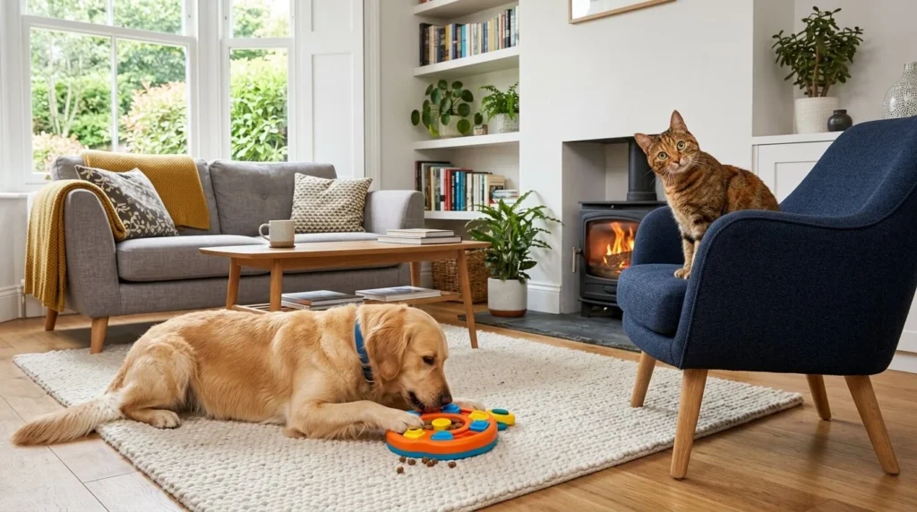 A dog and cat enjoying pet enrichment ideas and interactive toys in a cosy UK living room.