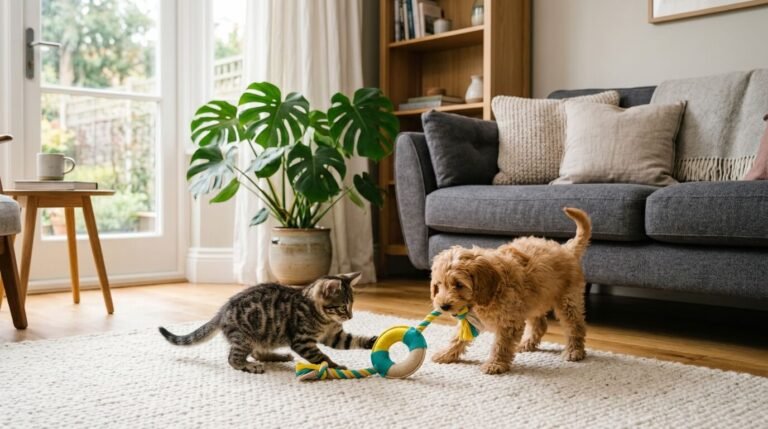 A playful kitten and puppy enjoying interactive pet toys in a cosy living room.