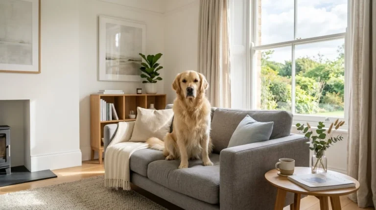 A clean, pet-friendly living room with a happy dog, representing effective home hair management.