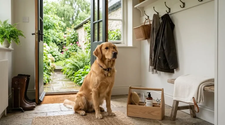 A clean, happy dog sitting in a modern UK home hallway after a walk.