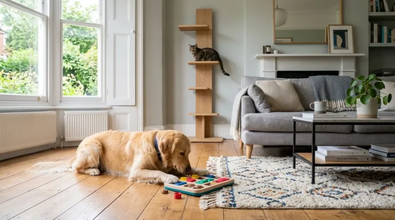 A dog using a puzzle feeder and a cat on a wooden climbing frame in a modern UK home.