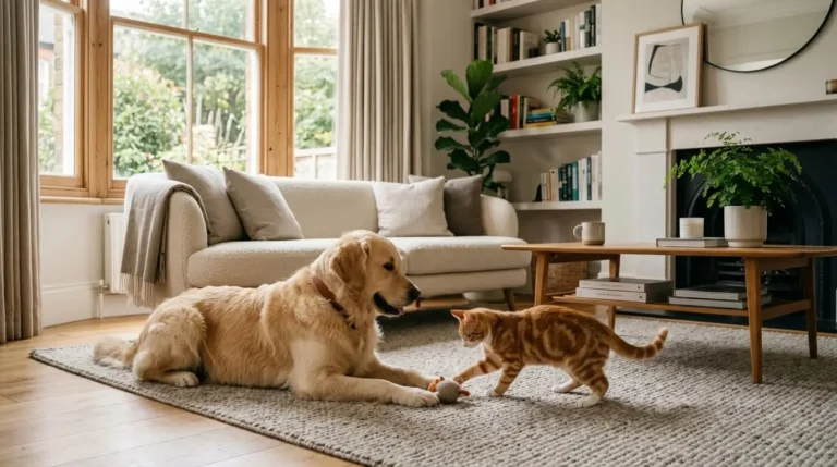 A dog and cat playing with interactive toys in a bright UK living room.