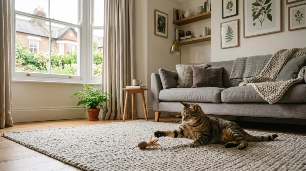 A happy tabby cat playing on a soft rug in a modern living room, enjoying interactive pet toys UK.