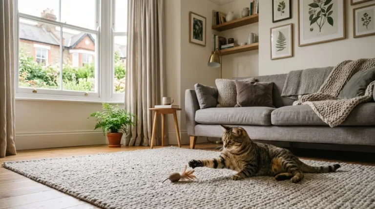 A happy tabby cat playing on a soft rug in a modern living room, representing pet enrichment and interactive play.