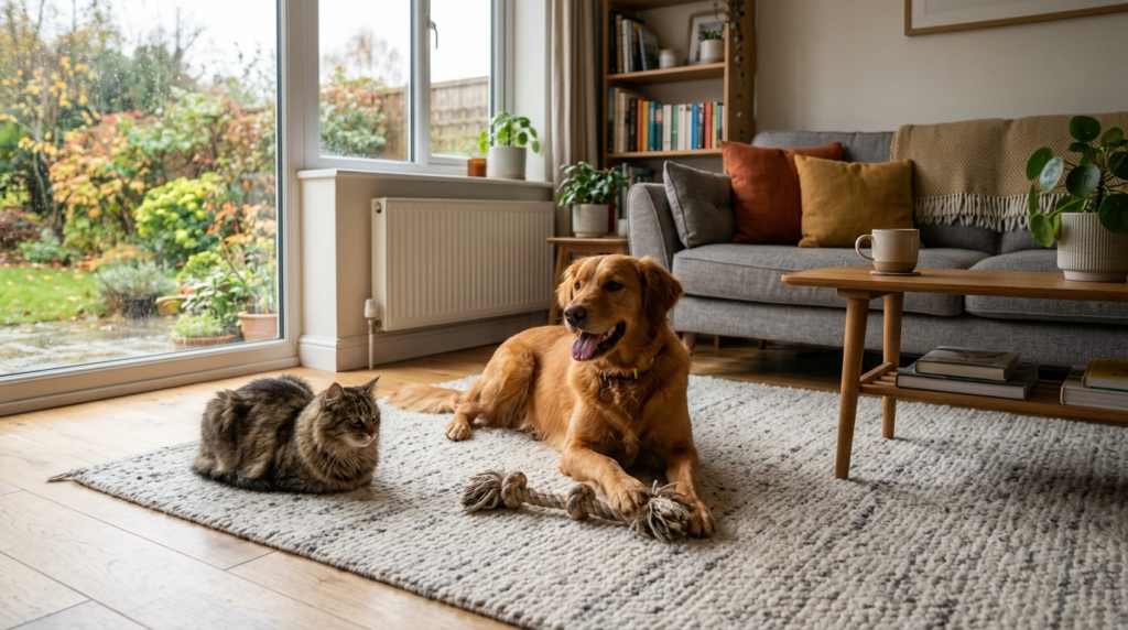 A happy dog and cat playing in a cozy UK living room, enjoying pet enrichment toys.