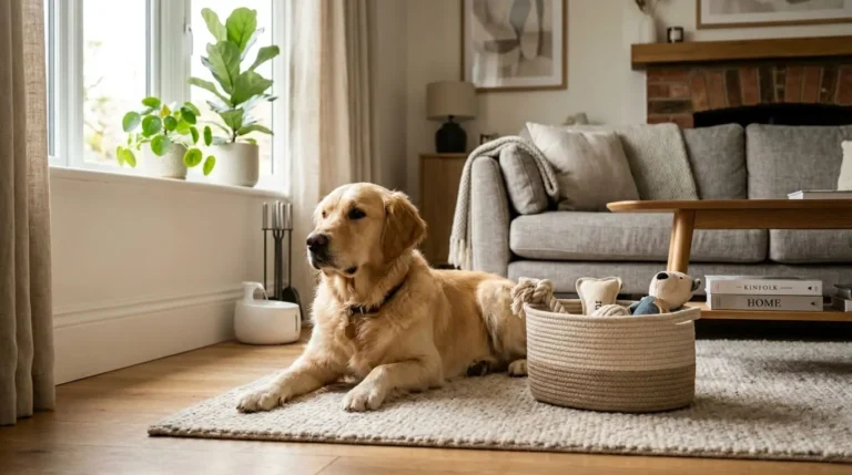 A happy dog resting in a cosy living room next to a stylish pet toy basket and ceramic water fountain.