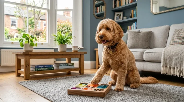 A happy pet playing with an interactive puzzle toy and a smart feeder in a cosy home.